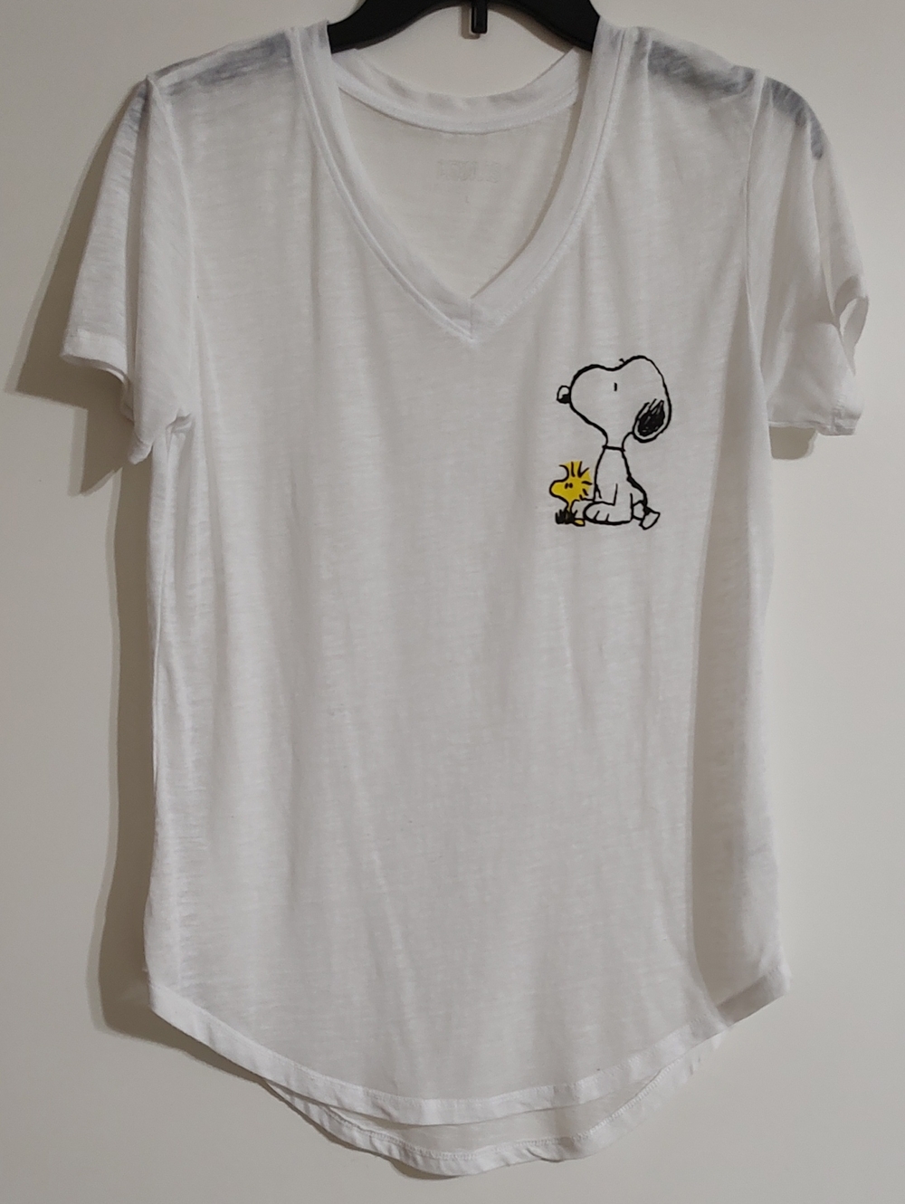 White V-Neck T-Shirt with Snoopy & Woodstock Graphic